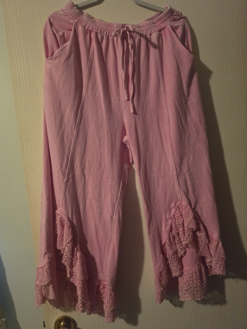 Pink Wide-Leg Crochet Ruffle Lounge Pants